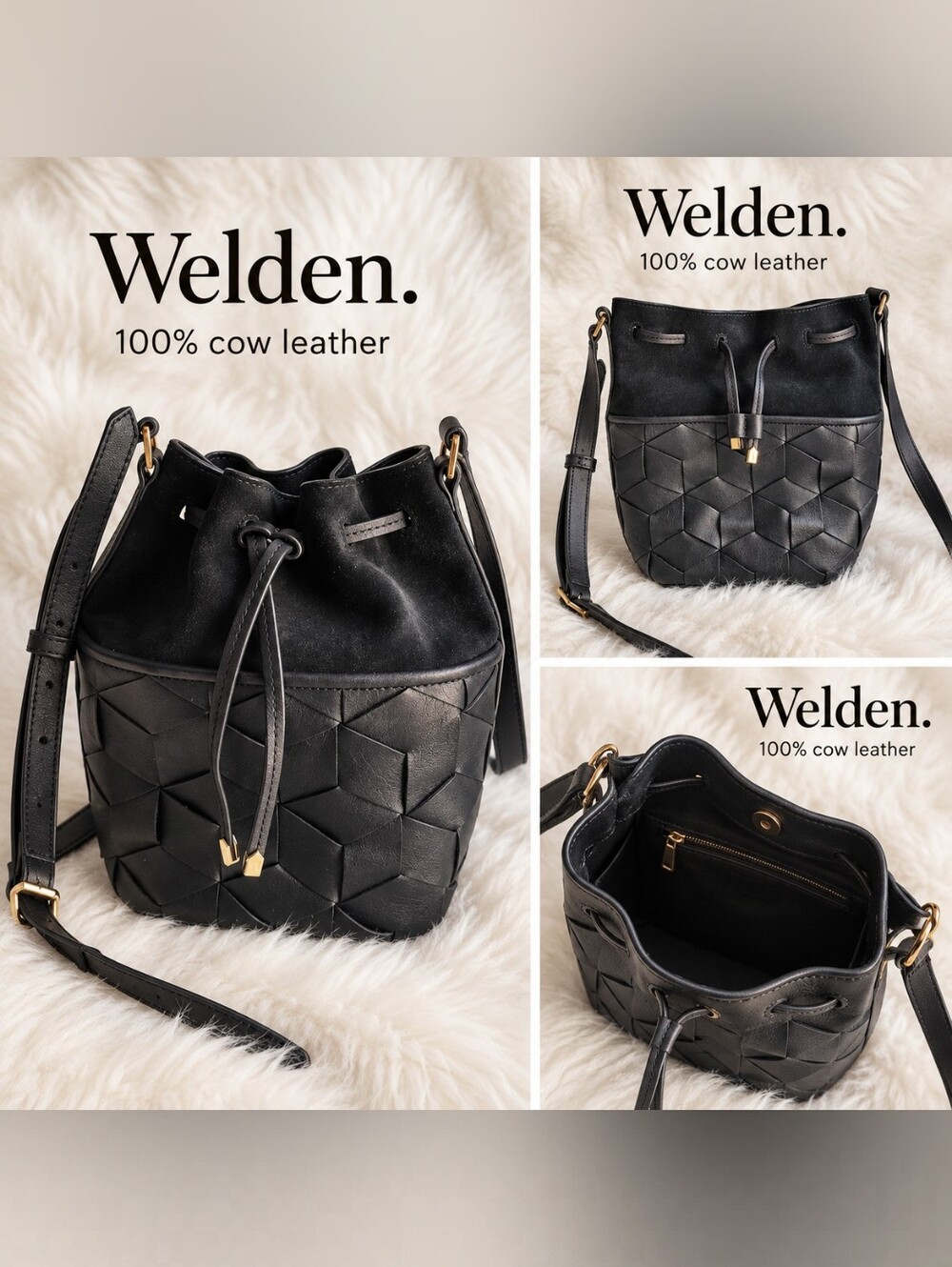 Welden Black Leather Bucket Bag - Woven Design
